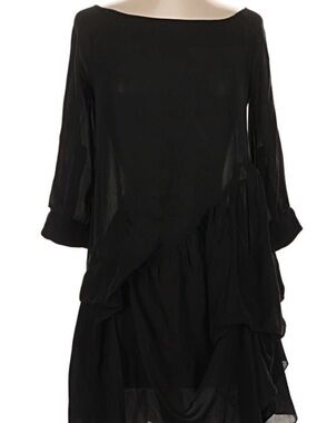Morgane Le Fay Black Asymmetric Ruffle Midi Dress